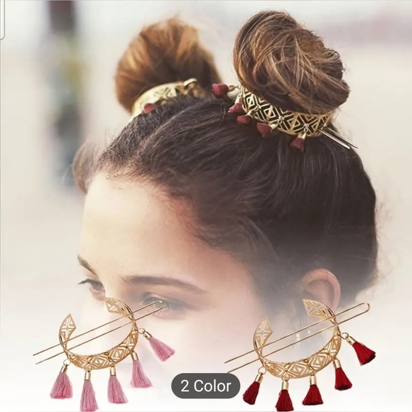 2pc Set Floral Hollow Boho Tassle Double Bun Holder - Picture 1 of 12